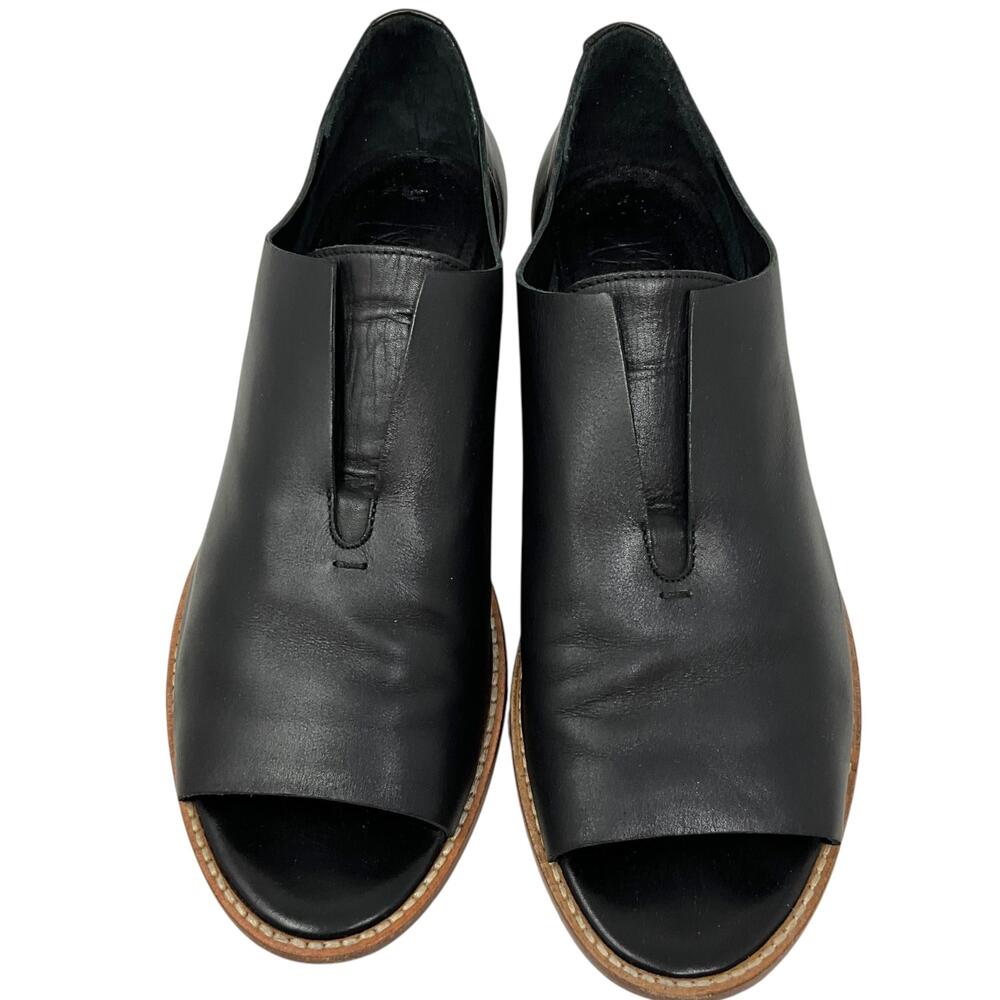 Zero + Maria Cornejo Slip On Womens 8.5 Black Leather Peep Toe Flat Italy - Picture 4 of 10